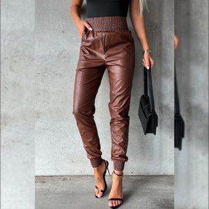 Brown Smocked High-Waist Leather Skinny Pants